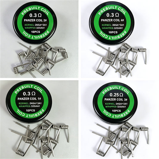 10pcs/box Prebuilt Panzer Coils 0.25Ω/0.3Ω 10Pcs - 24GA/26GA*3 + 32GA A1 Heating Wire, Tight/Loose Wound DIY Heating Elements