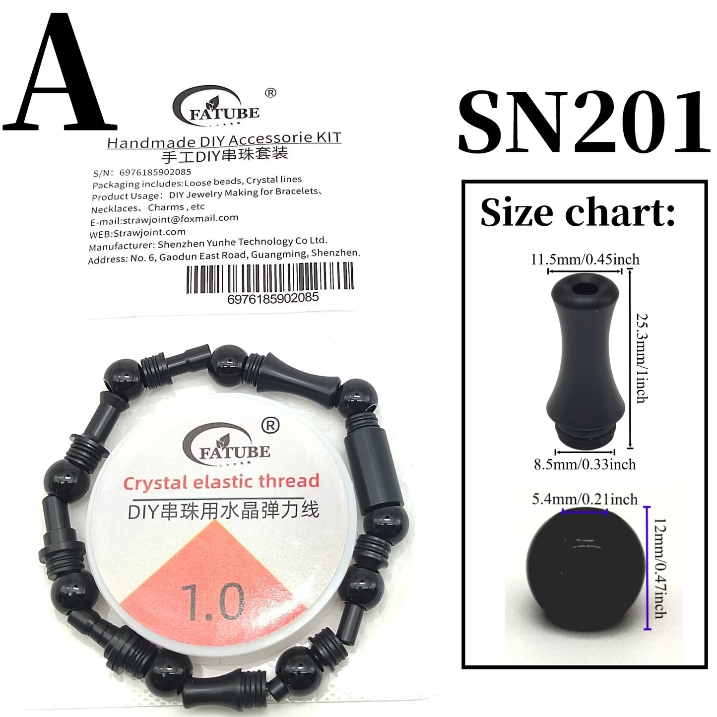 FATUBE Black POM Large Hole Bucket Beads DIY Bracelet Components Matte Black Resin Loose Beads with 1.0 Crystal Elastic String Craft Kit