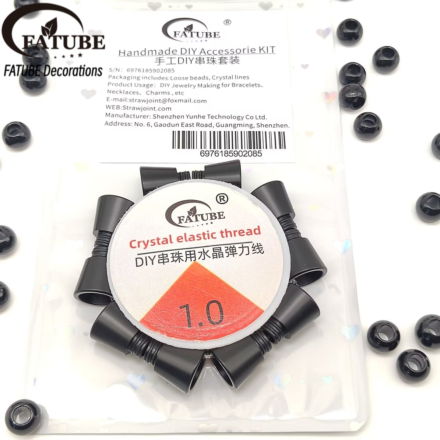 FATUBE Black POM Large Hole Bucket Beads DIY Bracelet Components Matte Black Resin Loose Beads with 1.0 Crystal Elastic String Craft Kit