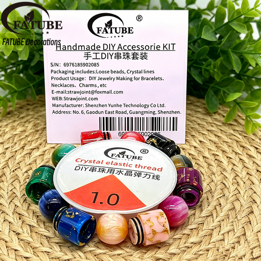 FATUBE Colorful Dyeing/Gold Pattern Resin Bead + Round Bead DIY Pendant Accessories, Loose Beads Set, 1.0 Elastic Thread Material Pack
