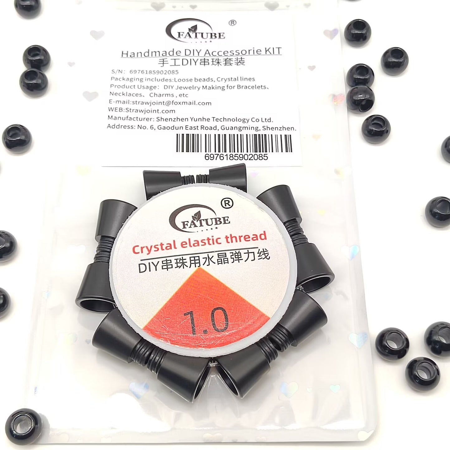 FATUBE Black POM Large Hole Bucket Beads DIY Bracelet Components Matte Black Resin Loose Beads with 1.0 Crystal Elastic String Craft Kit