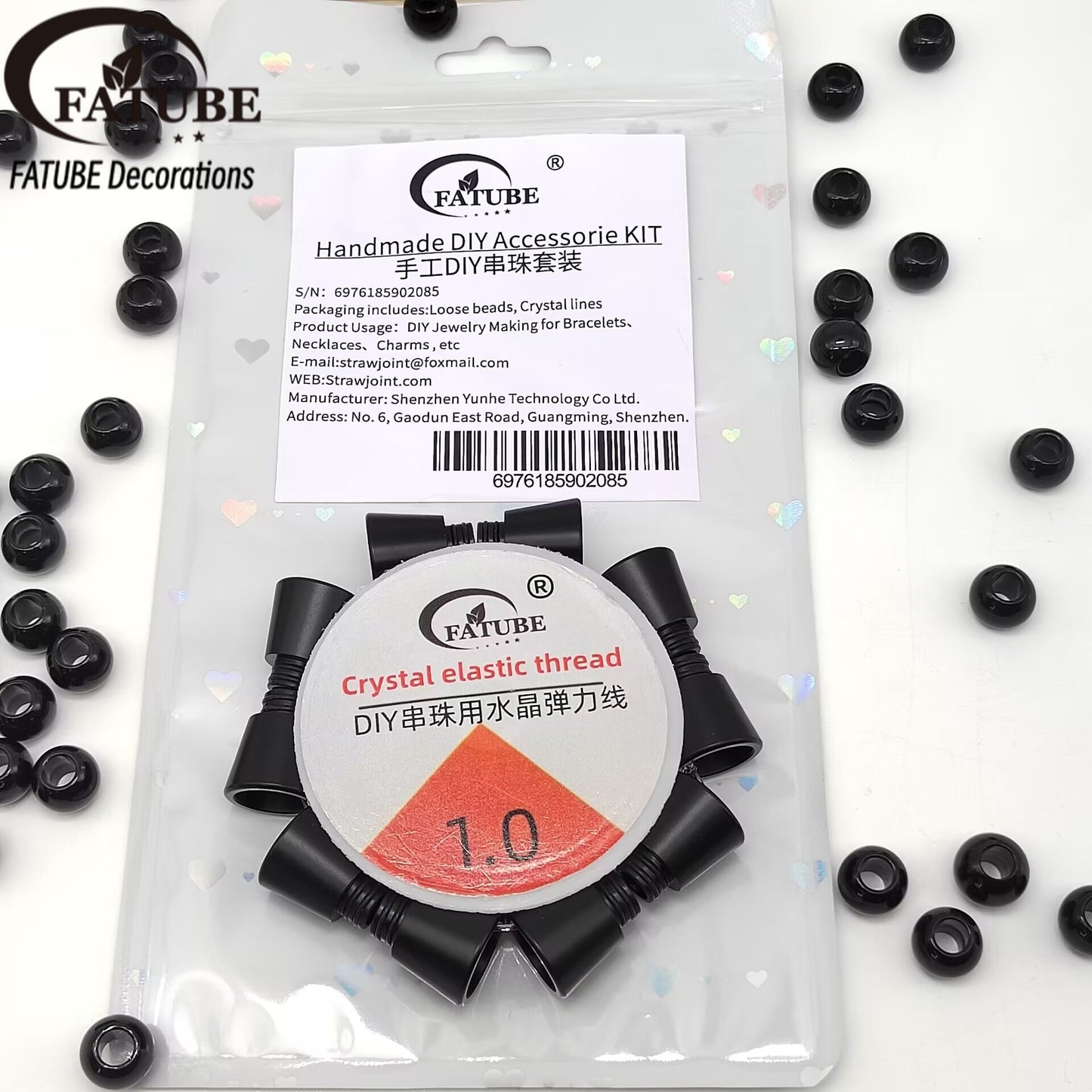 FATUBE Black POM Large Hole Bucket Beads DIY Bracelet Components Matte Black Resin Loose Beads with 1.0 Crystal Elastic String Craft Kit