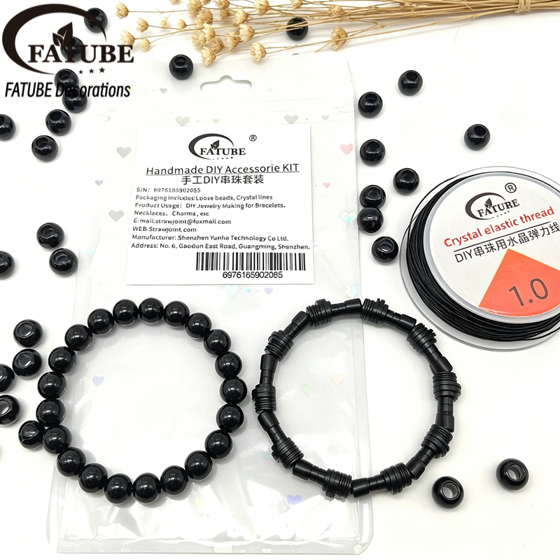 FATUBE Black POM Large Hole Bucket Beads DIY Bracelet Components Matte Black Resin Loose Beads with 1.0 Crystal Elastic String Craft Kit