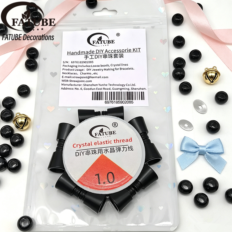 FATUBE Black POM Large Hole Bucket Beads DIY Bracelet Components Matte Black Resin Loose Beads with 1.0 Crystal Elastic String Craft Kit