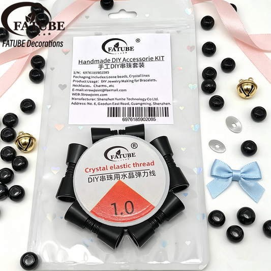 FATUBE Black POM Large Hole Bucket Beads DIY Bracelet Components Matte Black Resin Loose Beads with 1.0 Crystal Elastic String Craft Kit