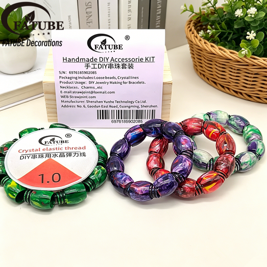 FATUBE Oil Painting Swirl Olive Shaped Resin Loose Beads DIY Bracelet Jewelry Making Kit With Elastic Cord.