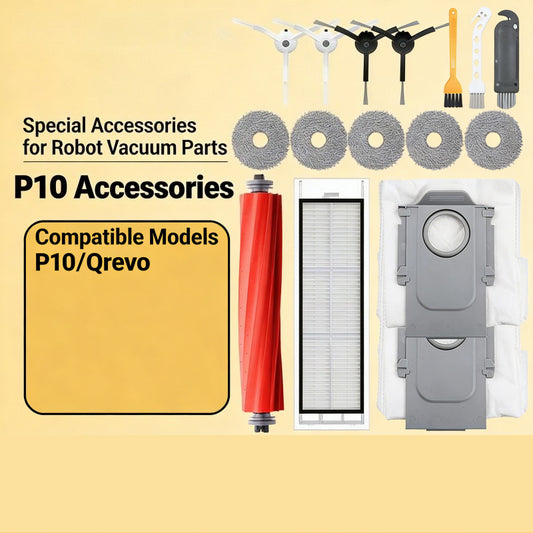For Roborock P10 / Q Revo Accessories: Main Brush, HEPA Filter, Side Brush, Dust Bag, Mop Cloth, Cleaning Solution