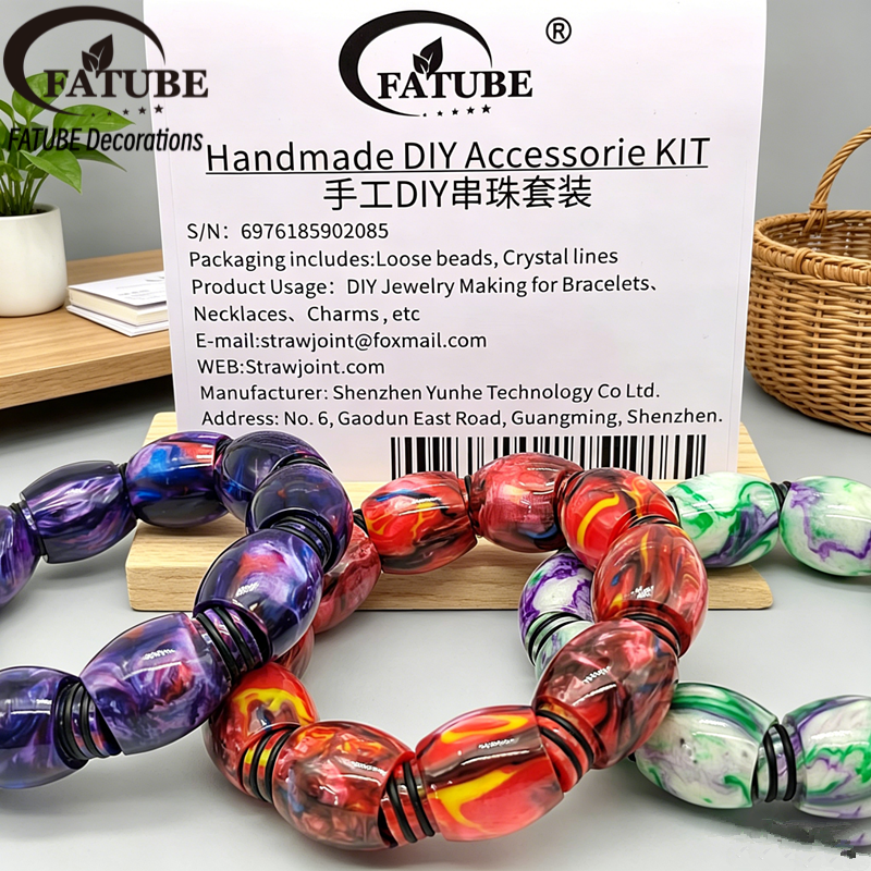 FATUBE Oil Painting Swirl Olive Shaped Resin Loose Beads DIY Bracelet Jewelry Making Kit With Elastic Cord.