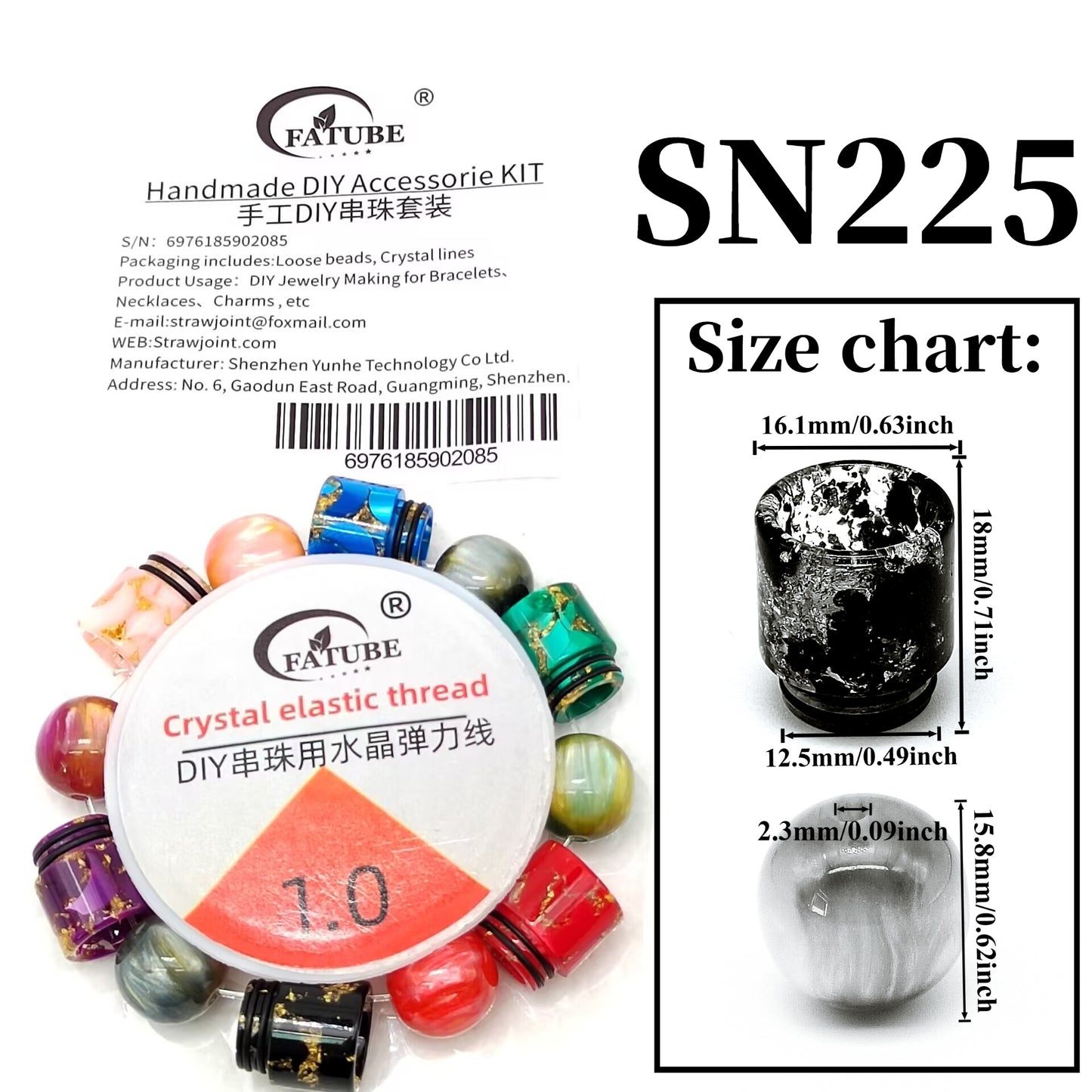 FATUBE Colorful Dyeing/Gold Pattern Resin Bead + Round Bead DIY Pendant Accessories, Loose Beads Set, 1.0 Elastic Thread Material Pack