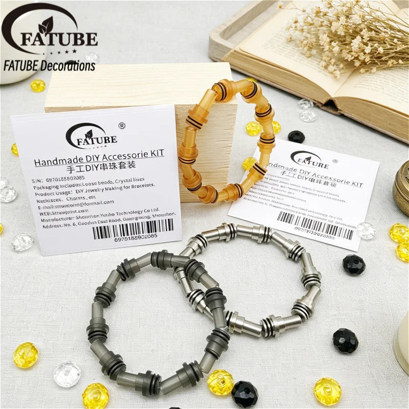 FATUBE DIY Beads Kit with Striped Tube Beads -Transparent/Black/Amber Loose Beads for DIY Jewelry Custom Bracelet Handmade Craft