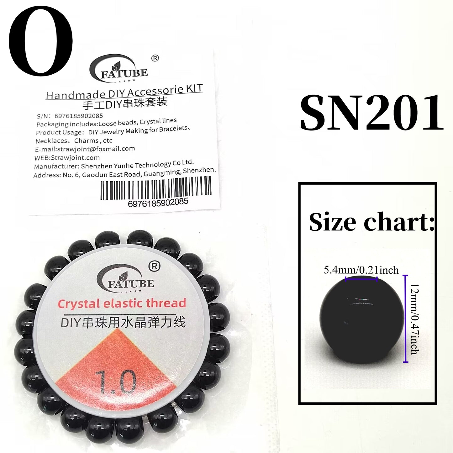 FATUBE Black POM Large Hole Bucket Beads DIY Bracelet Components Matte Black Resin Loose Beads with 1.0 Crystal Elastic String Craft Kit