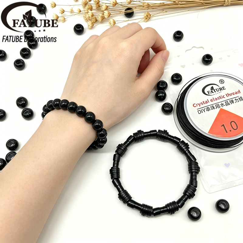 FATUBE Black POM Large Hole Bucket Beads DIY Bracelet Components Matte Black Resin Loose Beads with 1.0 Crystal Elastic String Craft Kit