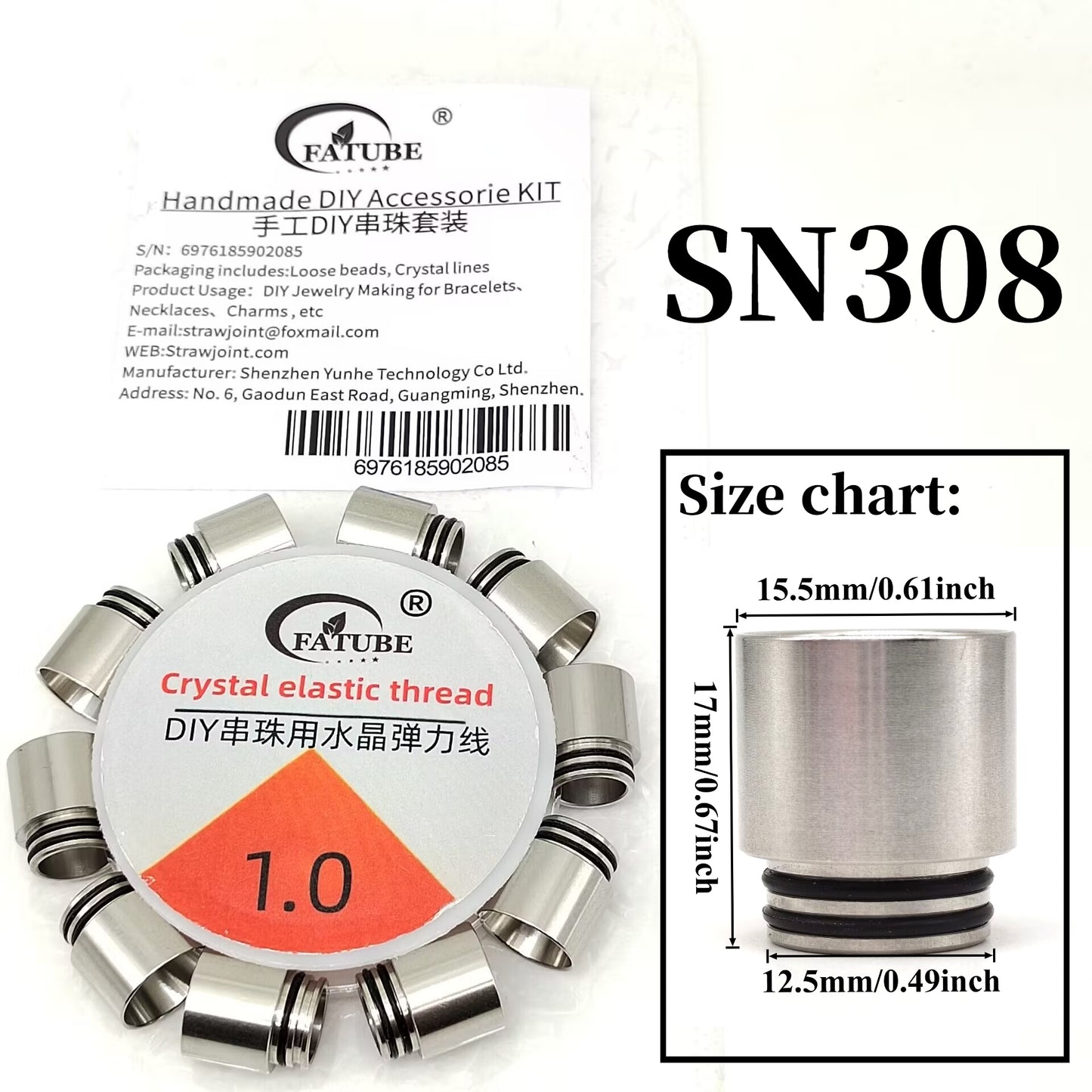 FATUBE Iridescent Stainless Steel Tube Spacer Beads Set with 1.0mm Crystal Elastic Thread DIY Bracelet Jewelry Making Supplies.