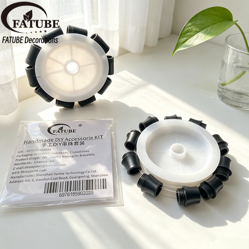 FATUBE Stretch Beading Cord with Glossy Black Loose Beads Complete DIY Jewelry Making Kit.