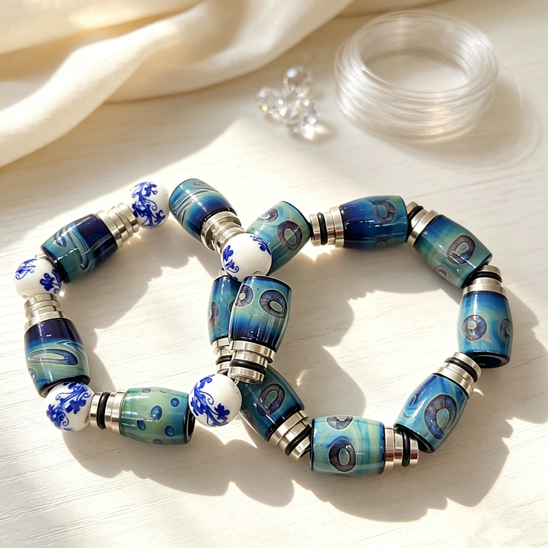 FATUBE Blue Patterned Lapidary Glass Beads DIY Beading Set 1.0mm Crystal Elastic Thread Handmade Bracelet Accessories Glass Dividing Beads Components.