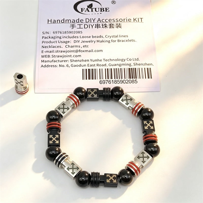 FATUBE 1.0mm Crystal Elastic Stretch Cord DIY Jewelry Making Kit, Black Silver Arrow Stainless Steel Tube Beads, Handmade Bracelet Necklace Charms Accessories Set