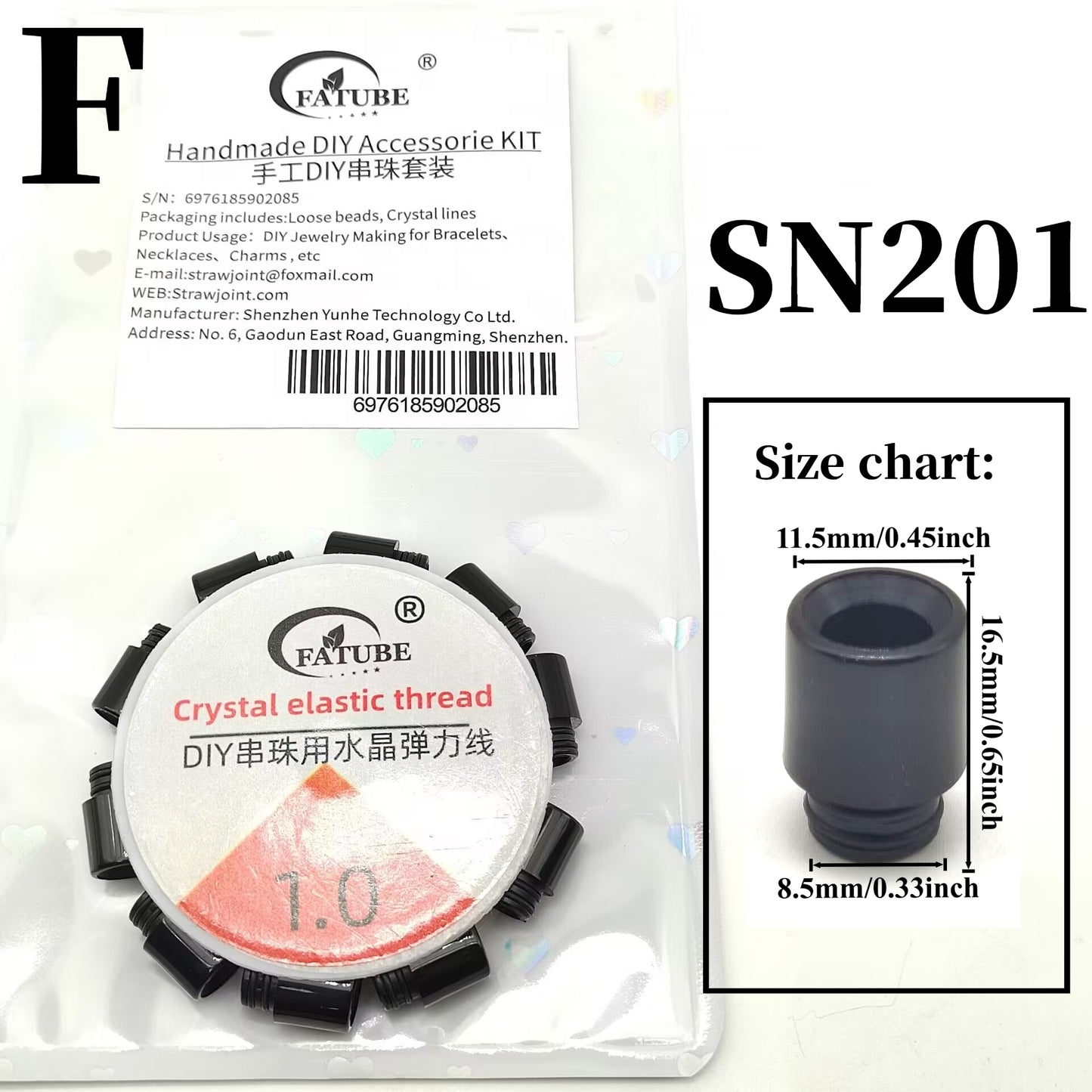 FATUBE Black POM Large Hole Bucket Beads DIY Bracelet Components Matte Black Resin Loose Beads with 1.0 Crystal Elastic String Craft Kit