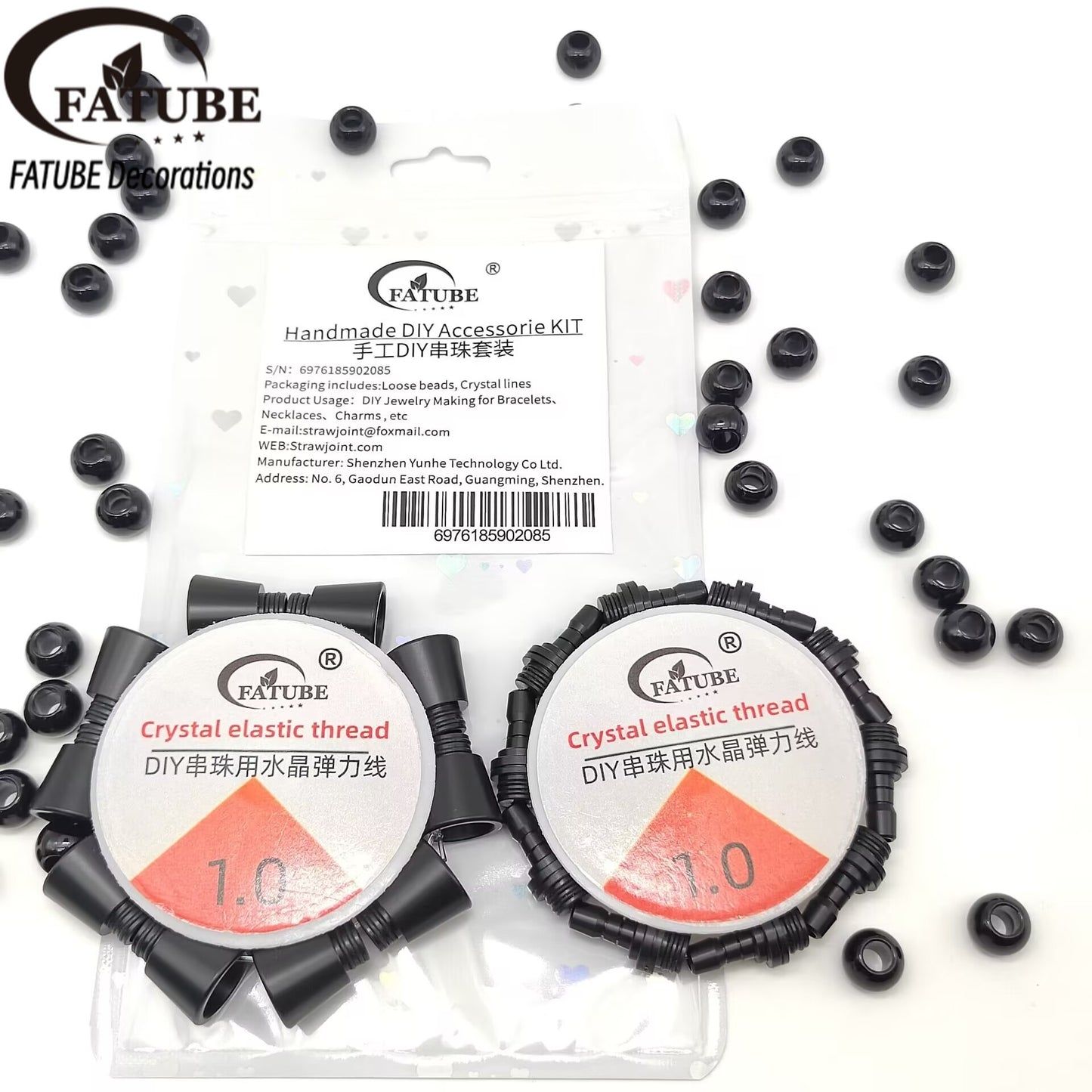FATUBE Black POM Large Hole Bucket Beads DIY Bracelet Components Matte Black Resin Loose Beads with 1.0 Crystal Elastic String Craft Kit